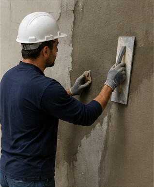Maestros realizando albañilería y terminaciones