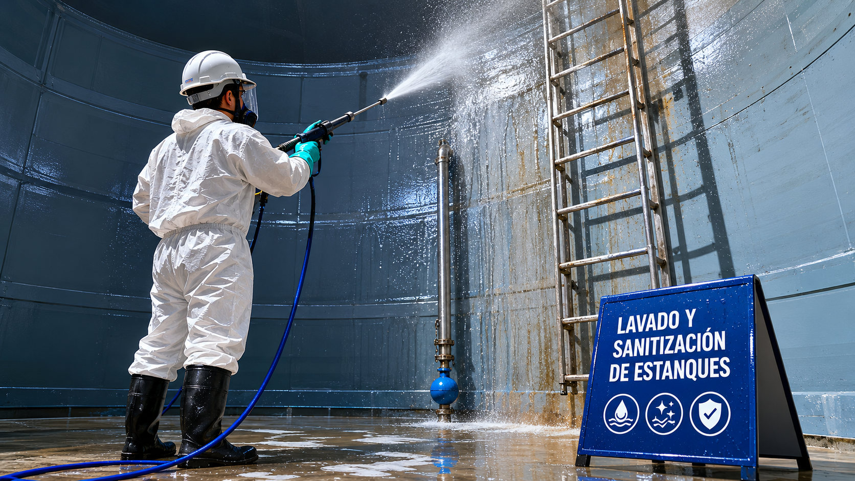 Equipo realizando lavado y sanitización de estanques