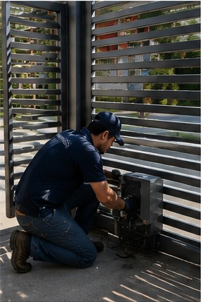 Técnico trabajando en portón automático
