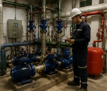 Técnico revisando sala de bombas